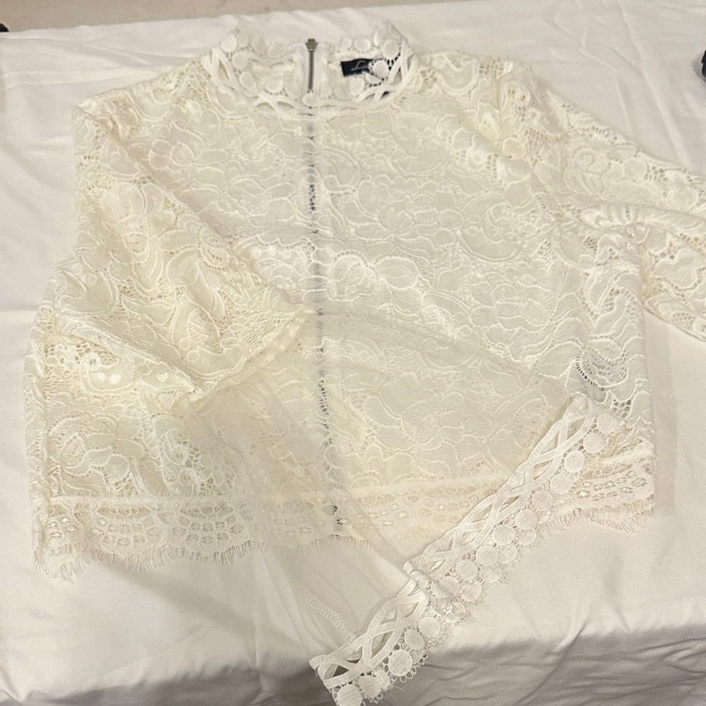 Ivory Lace High-Neck Blouse with Scalloped Hem